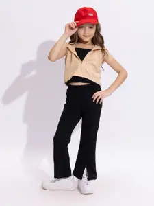 taffykids Girls Checked Sleeveless Hooded Jacket With Trouser & Crop Top
