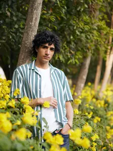 Crimsoune Club Men Classic Slim Fit Vertical Striped Cuban Collar Cotton Casual Shirt