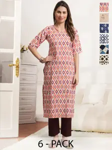 7Threads Women Pack of 6 Ethnic Motifs Printed Crepe Kurta