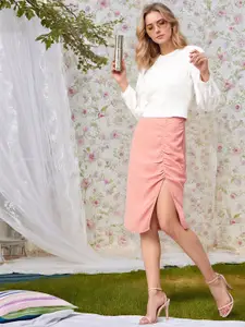 RARE Straight Side-Slit Ruched Knee-Length Skirt