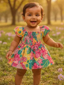 MeeMee Girls Floral Print Puff Sleeve Cotton Fit & Flare Dress