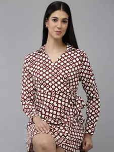 Van Heusen Woman Geometric Printed Shirt Collar Cuffed Sleeves Tie-Ups Detail Wrap Dress