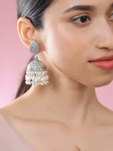 Rubans Oxidised Silver-Plated Dome Shaped Jhumka Earrings with White Pearl Beads