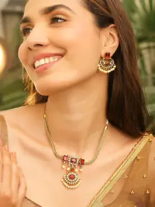 Rubans 22K Gold-Plated Ruby Red & White Cubic Zirconia Studded & Pearl Beaded Necklace Set
