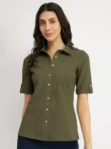 FableStreet Women Classic Fit Solid Spread Collar Cotton Casual Shirt