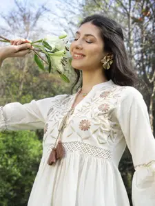 Stylum Embroidered Bell Sleeve Tiered Cotton Fit & Flare Dress