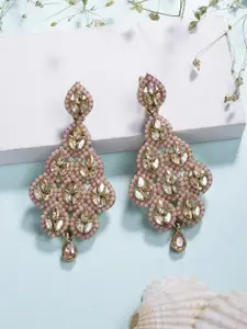 ADIVA Gold-Plated Kundan Studded & Artificial Beaded Leaf Shaped Drop Earrings
