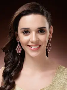 ADIVA Gold-Plated Kundan Studded & Artificial Beaded Leaf Shaped Drop Earrings