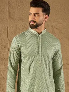 House of Pataudi Chevron Embroidered Mandarin Collar Thread Work Straight Kurta