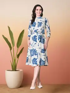 DECKEDUP Women Floral Print Mandarin Collar A-Line Cotton Dress