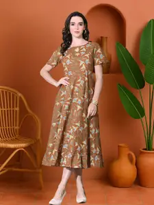 DECKEDUP Women Floral Printed Cotton Fit & Flare Maxi Dress