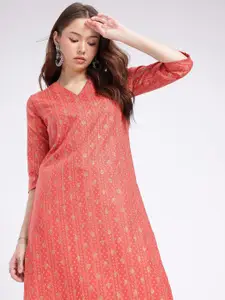 Anouk Rustic V-Neck Floral Printed Striped Straight Kurta