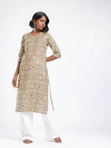 Anouk Rustic V-Neck Ethnic Motifs Printed Straight Kurta