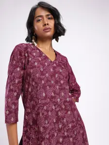 Anouk Rustic Ethnic Motifs Foil Printed V-Neck Straight Kurta