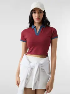 The Souled Store Scarlet Polo Collar Cotton Slim Fit Crop Polo T-shirt