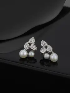 DressBerry 925 Sterling Silver Rhodium Plated CZ and Pearl Contemporary Stud Earring