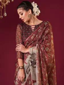 Anouk Floral Mirror Work Linen Blend Bagru Saree