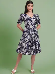 DHAKRE FASHION Women Floral Printed V-Neck Pure Cotton Puff Sleeve Fit & Flare Dress