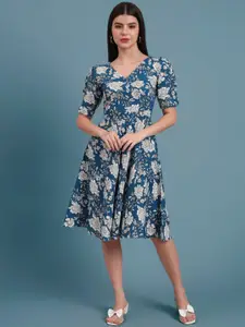 DHAKRE FASHION Women Floral Printed Cotton Fit & Flare Knee Length Dress