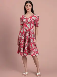 DHAKRE FASHION Women Floral Printed Cotton Fit & Flare Knee Length Dress