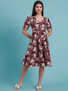 DHAKRE FASHION Women Floral Print Puff Sleeve Fit & Flare Dress