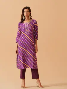 Sangria Striped & Floral Embroidered Straight Kurta