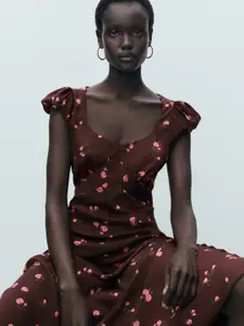 MANGO Floral Print A-Line Midi Dress