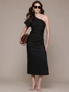 MANGO One Shoulder Pure Linen Midi Dress