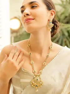 Rubans 22K Gold-Plated Emerald Green Stone Studded Traditional Temple Long Necklace Set