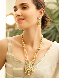 Rubans 22K Gold-Plated Green Enamel Kundan Studded Necklace Set with Golden Pearls