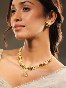 Rubans 22K Gold-Plated Cubic Zirconia Studded Elephant Motif Temple Necklace Set