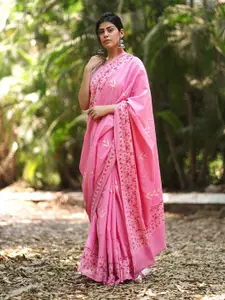 Chidiyaa Mmg Dreamy Dahlias Blush Pink Ethnic Motifs Block Printed Ready to Wear Saree