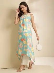 KIMAYRA Floral Printed Sleeveless Pleated Asymmetrical A-Line Kurta