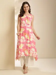 KIMAYRA Floral Printed Sleeveless Pleated Asymmetrical A-Line Kurta