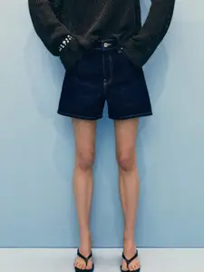 MANGO Women Pure Cotton High-Rise Denim Shorts