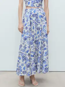 MANGO Floral Print Mid-Rise Pleated Detail Maxi Flared Skirt