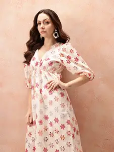 all about you Floral Embroidered Puff Sleeve A-Line Midi Dress