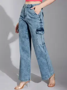 Life With Pockets Women Wide Leg High-Rise Heavy Fade Stretchable Cargo Jeans