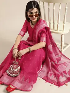 Saree mall Women Pink Zari Linen Blend Designer Bagru Sarees