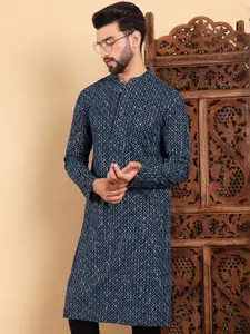 House of Pataudi Ethnic Motifs Embroidered Mandarin Collar Straight Kurta
