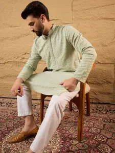 House of Pataudi Embroidered Thread Work Mandarin Collar Straight Kurta