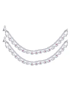 Vighnaharta Rhodium-Plated Artificial Stones Studded Anklets