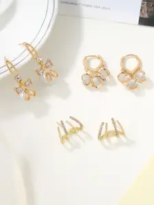 Estailo fashion Set Of 3 Alloy Gold-Plated Pearls Beaded Teardrop Hoop Earrings