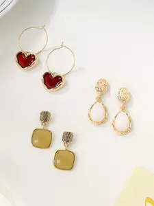 Estailo fashion Set Of 3 Alloy Gold-Plated Crystals Studded Heart Drop Earrings