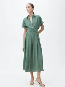 MANGO Shirt Collar Pleated Detail Extended Sleeves A-Line Midi Dress with Belt