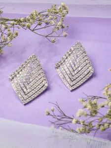 Niscka Rhodium-Plated American Diamond Studded Contemporary Drop Earrings