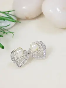 I Jewels Silver-Plated American Diamond Studded & Pearls Beaded Heart Shaped Studs