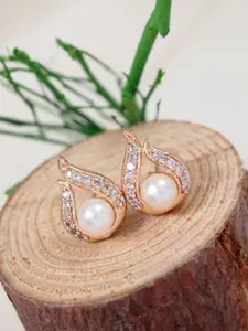 I Jewels Rose Gold-Plated American Diamond Studded & Pearls Beaded Contemporary Studs