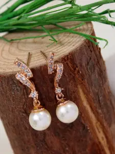 I Jewels Rose Gold-Plated American Diamond Studded & Pearls Contemporary Drop Earrings