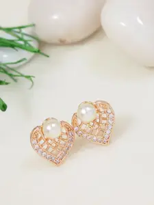 I Jewels Rose Gold-Plated American Diamond Studded & Pearls Beaded Heart Shaped Studs